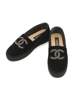 Chanel Espadrilles CC Logo Flat Shoes Velvet Raffia 39c Slip on Black